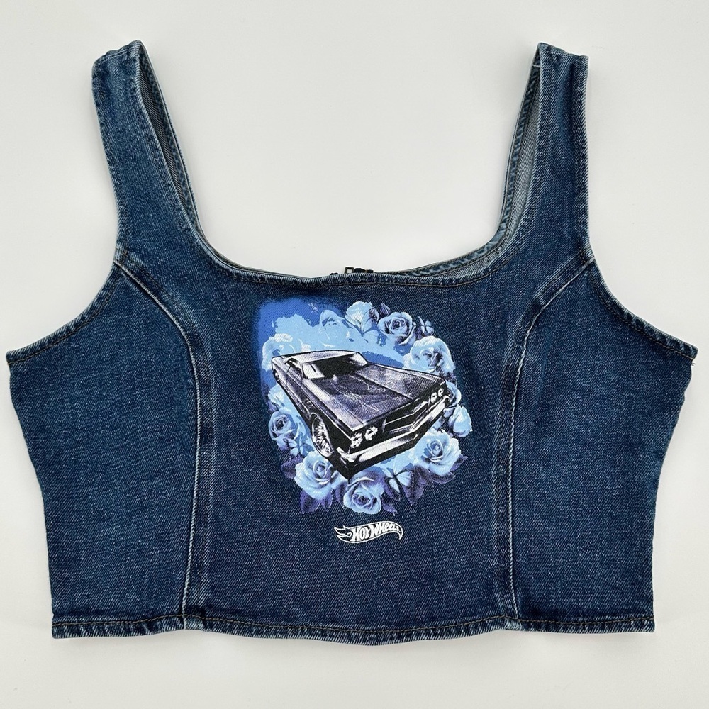 Forever 21 Hot Wheels Denim Back Zip Cropped Tank Women’s Size Large